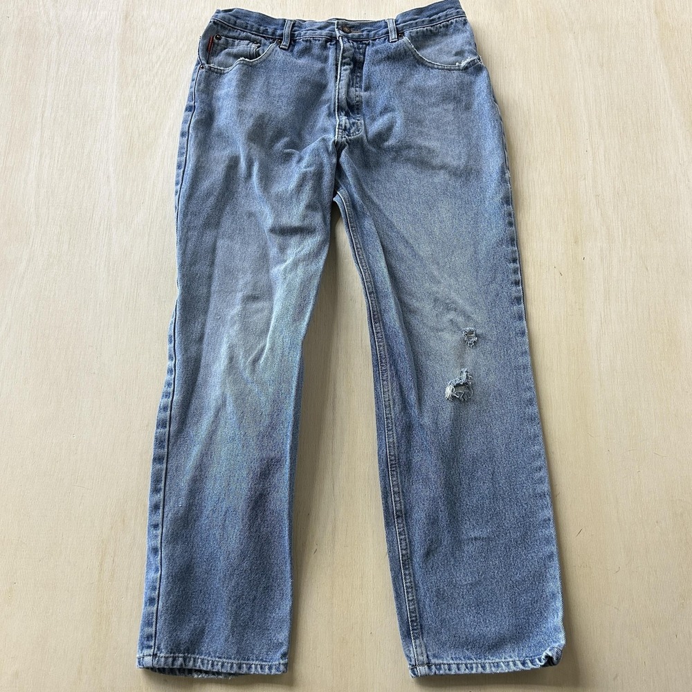 Vintage Bugle Boy Jeans Mens 34x30 Light Wash Denim Straight Distressed 750